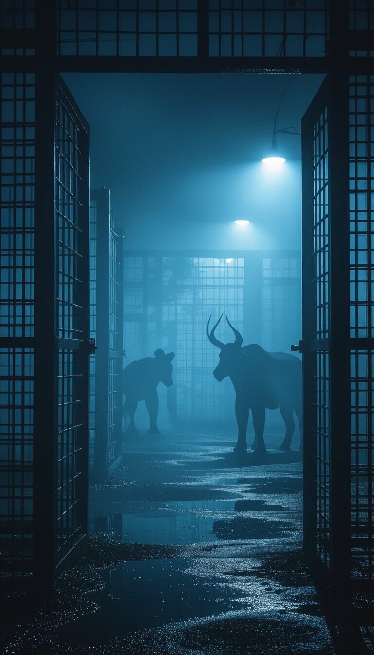 Eerie Zoo Enclosures at Night with Moving Shadows