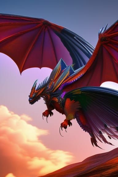 Iridescent Dragon in Fantasy Landscape, Digital Art