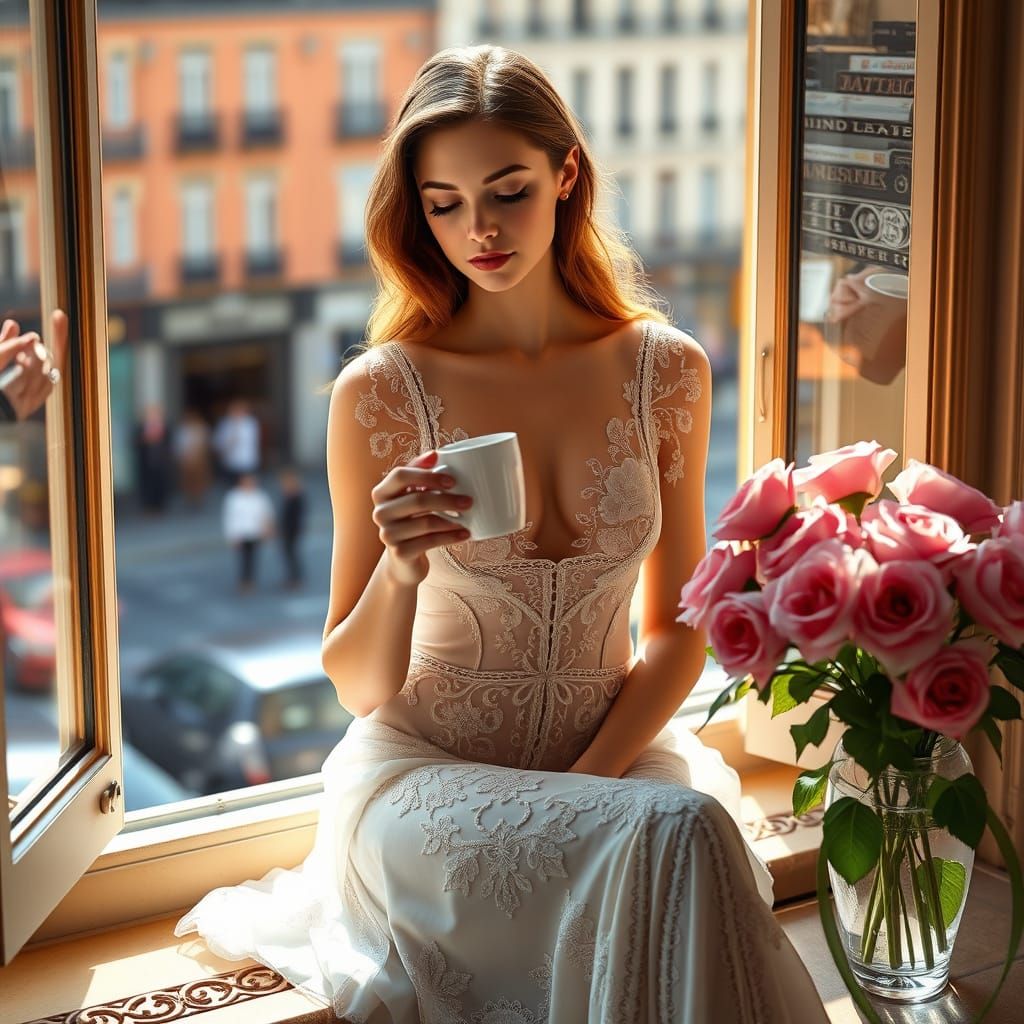 Girl drinking coffee on the windowsill