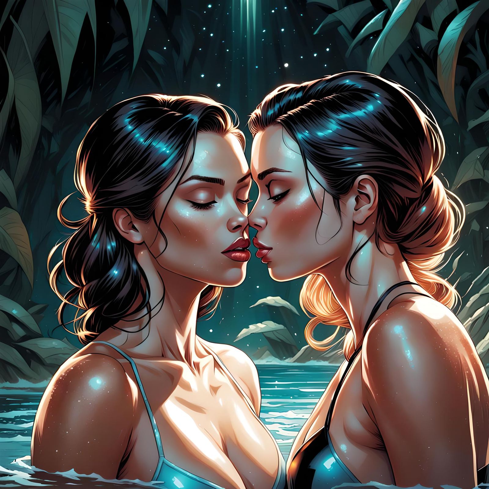 Romantic Kiss Between Two Women: Comic Book Style
