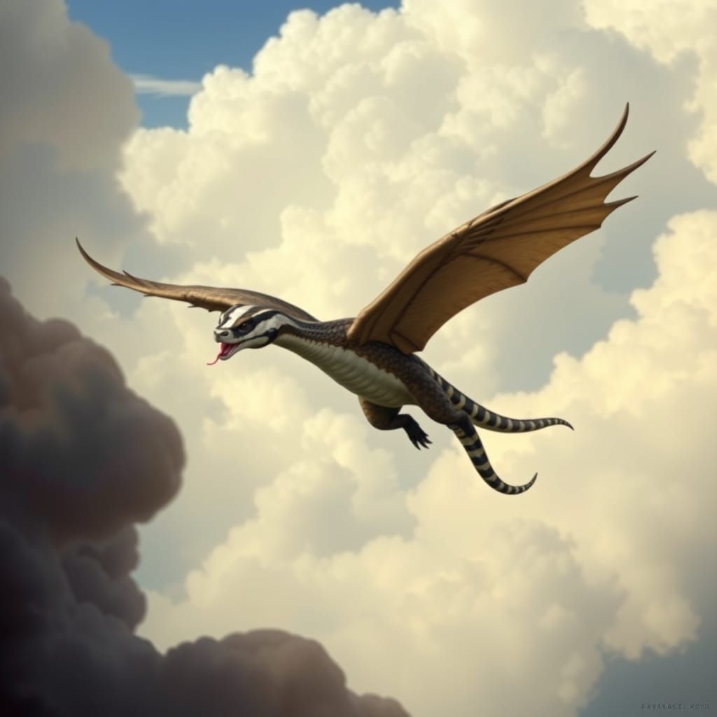 Badger-Snake Hybrid Soars Through Clouds in Mid-Air