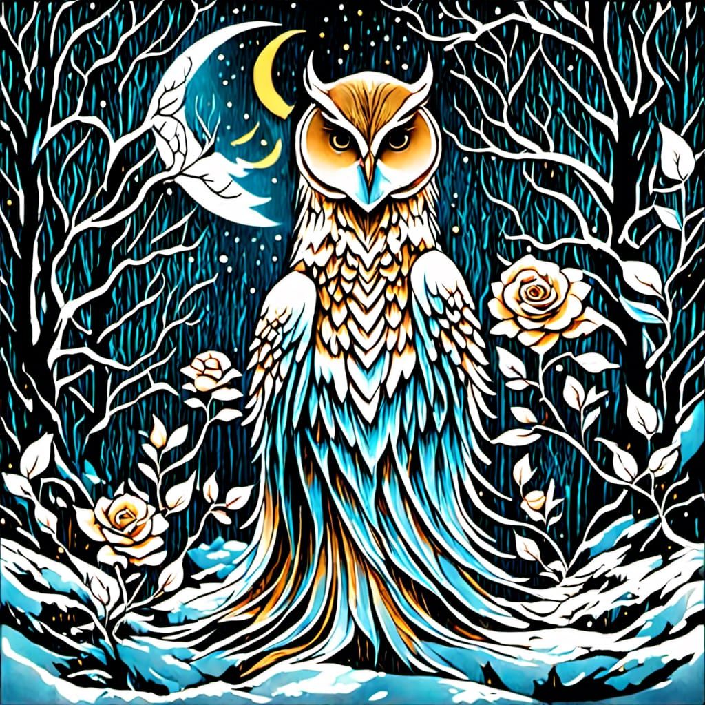 Ethereal Ink Drawing of Owls and Roses