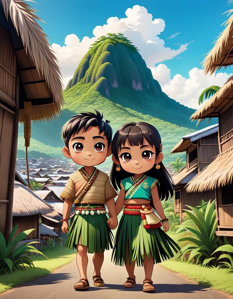 Chibi Palauan Boy and Girl in Traditional Dress