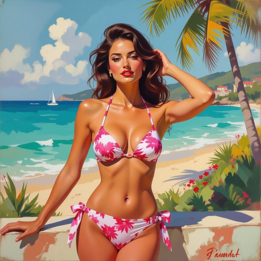 Bikini Model in Lush Gouache Landscape