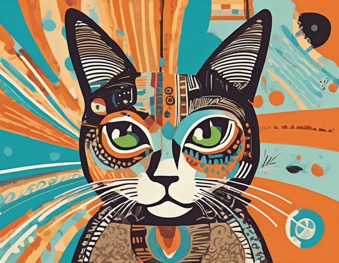 Bold Bohemian Cat in Memphis-Inspired Collage