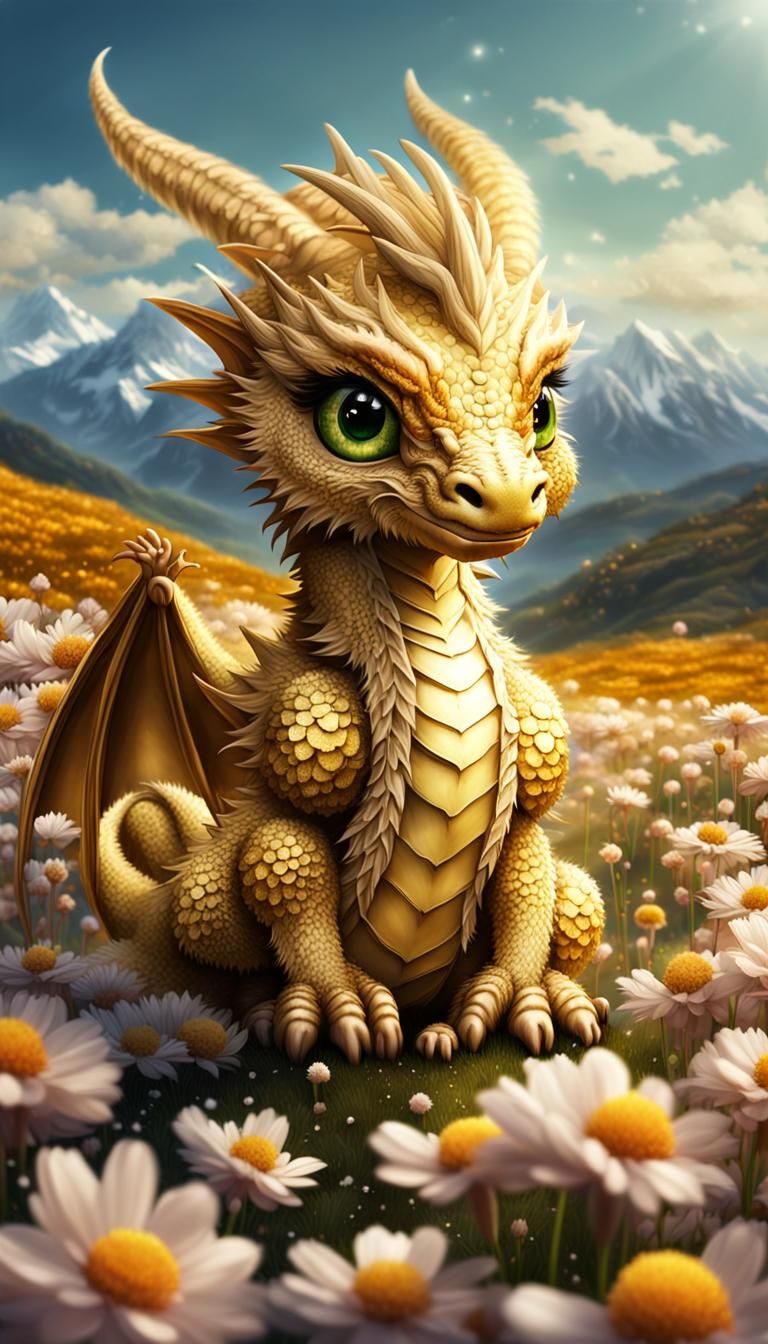 Cute Golden Dragon in Snowy Mountain Landscape