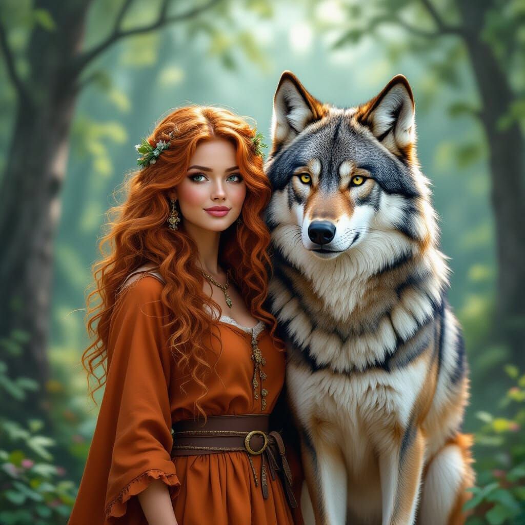 Woman and Wolf in Dreamy Forest, Digital Illustration