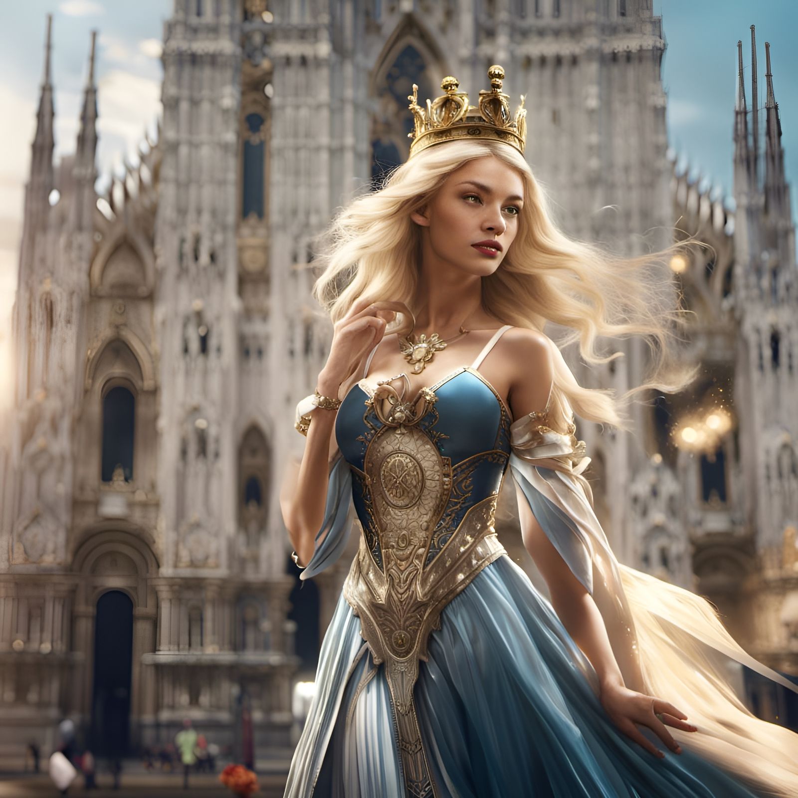 Blonde Princess with Crown in Front of Milan Duomo