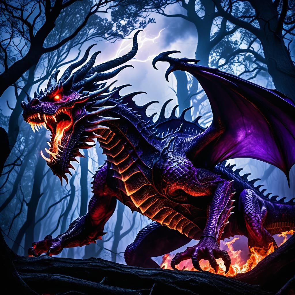 Dramatic Dragon in Burning Woods, Gothic Art