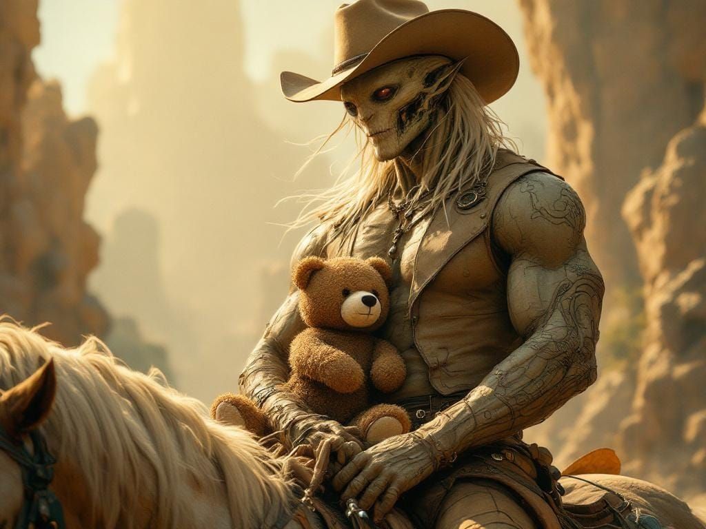 Extraterrestrial Cowboy with Teddy Bear in Surreal Style