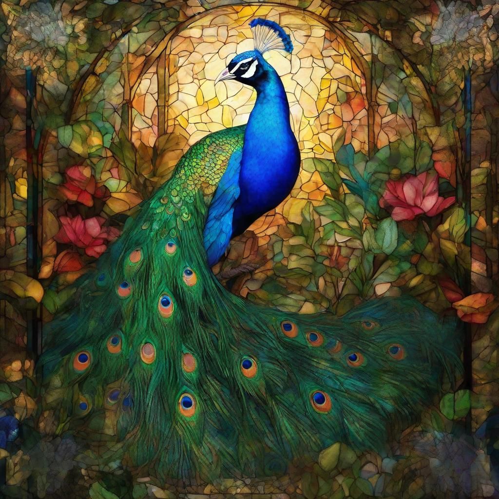 Vibrant Peacock in Stained Glass Garden, Klimt-Inspired