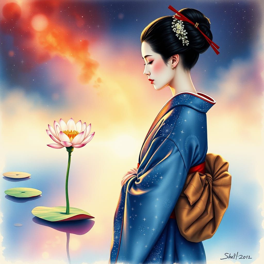 Geisha Contemplates Lotus Under Cosmic Sky Watercolor