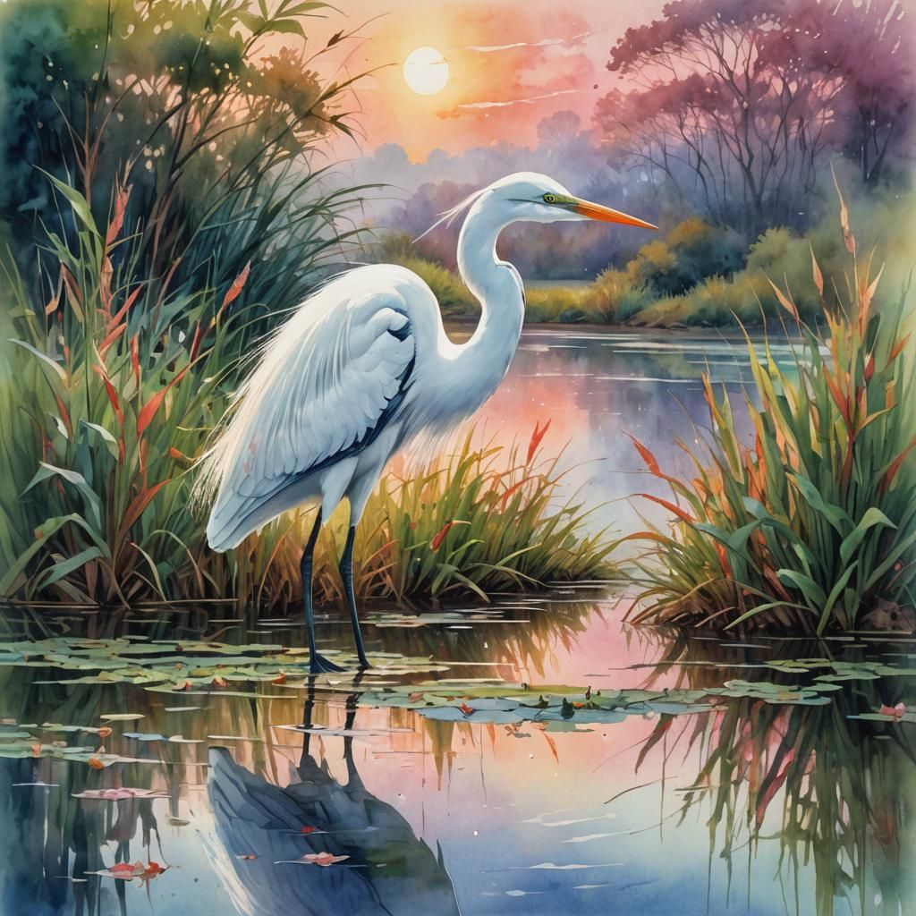 Majestic Egret in Impressionistic Watercolor Landscape
