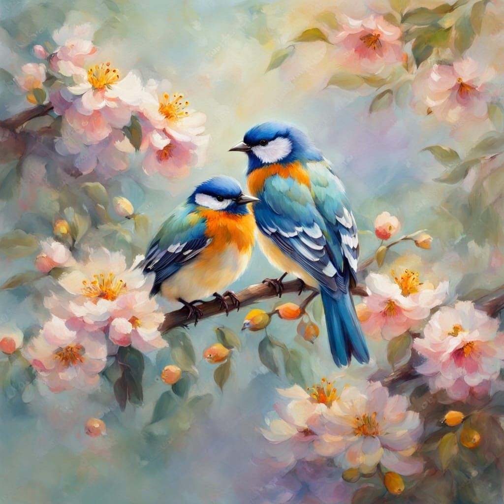 Impressionist Birds in Bloom: A Gentle Masterpiece