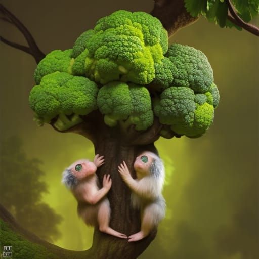 Marmosets Climbing a Realistic Broccoli Tree
