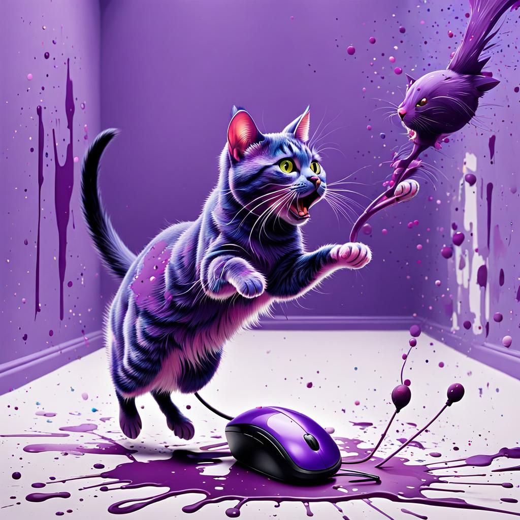 Blue Cat Chasing Purple Mouse in Gallery