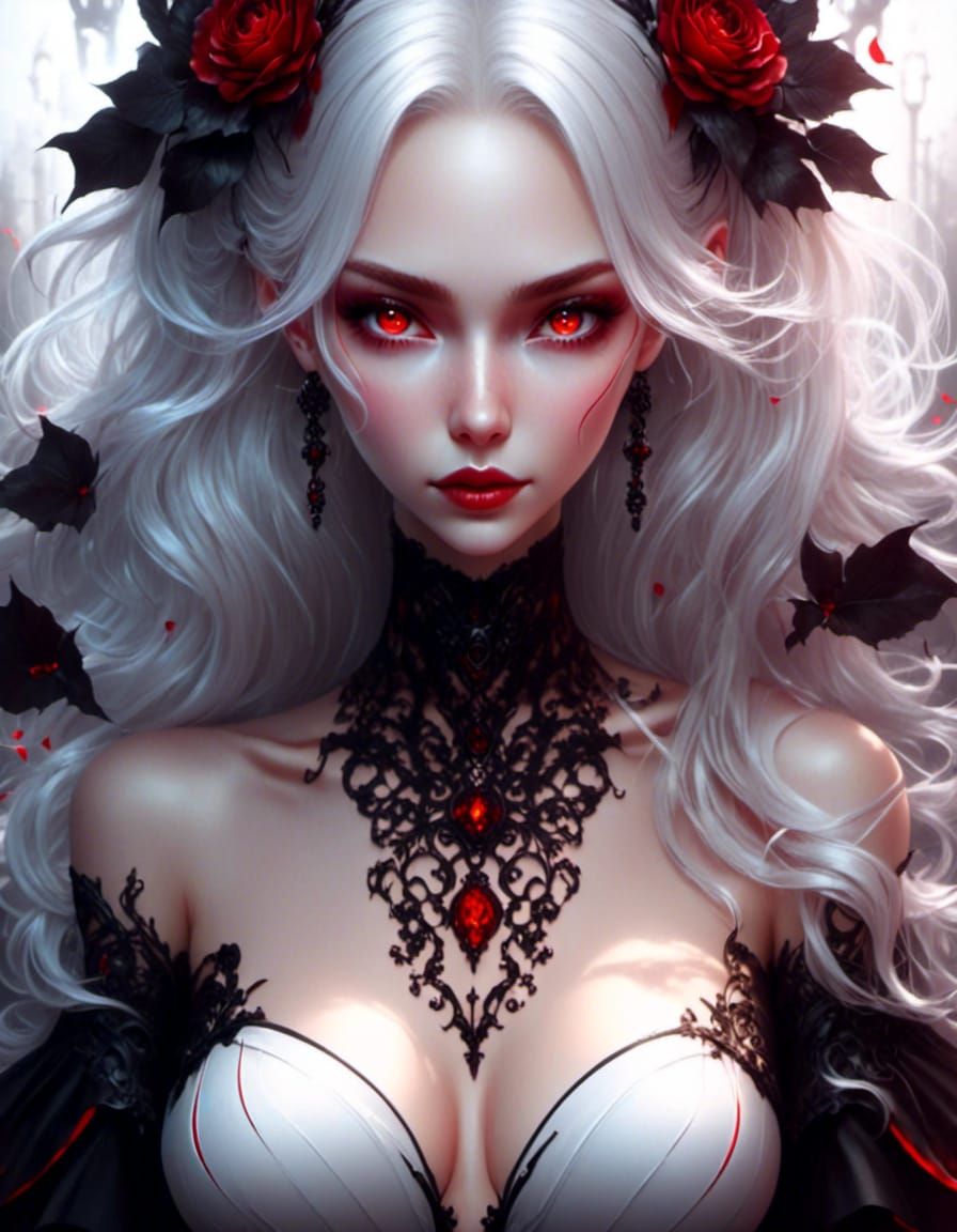Manga comic Beautiful Vampire Queen, white hair, red eyes, black and red evening dress, 8K resolution <lora:Glowing Rune...