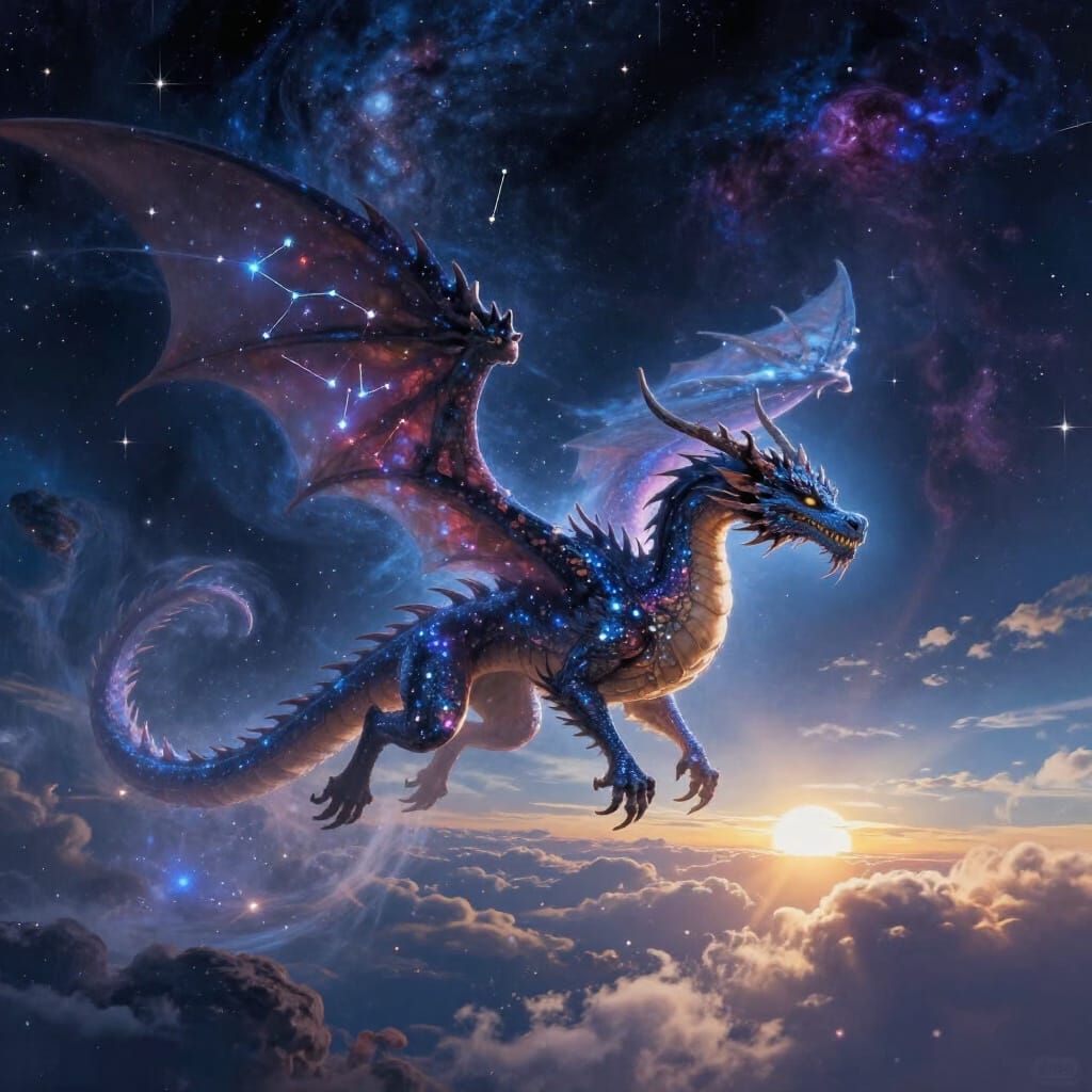 Cosmic Dragon Soars Between Night and Day Skies