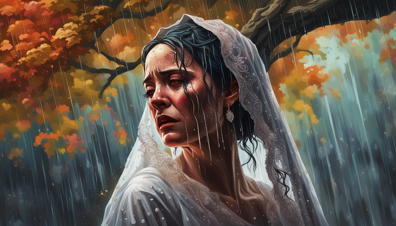 Weeping Bride in Rain: Hyperrealistic Splash Art