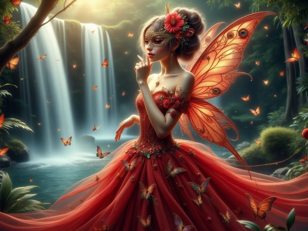 Hyper Realistic Red Butterfly Fairy in Tropical Forest
