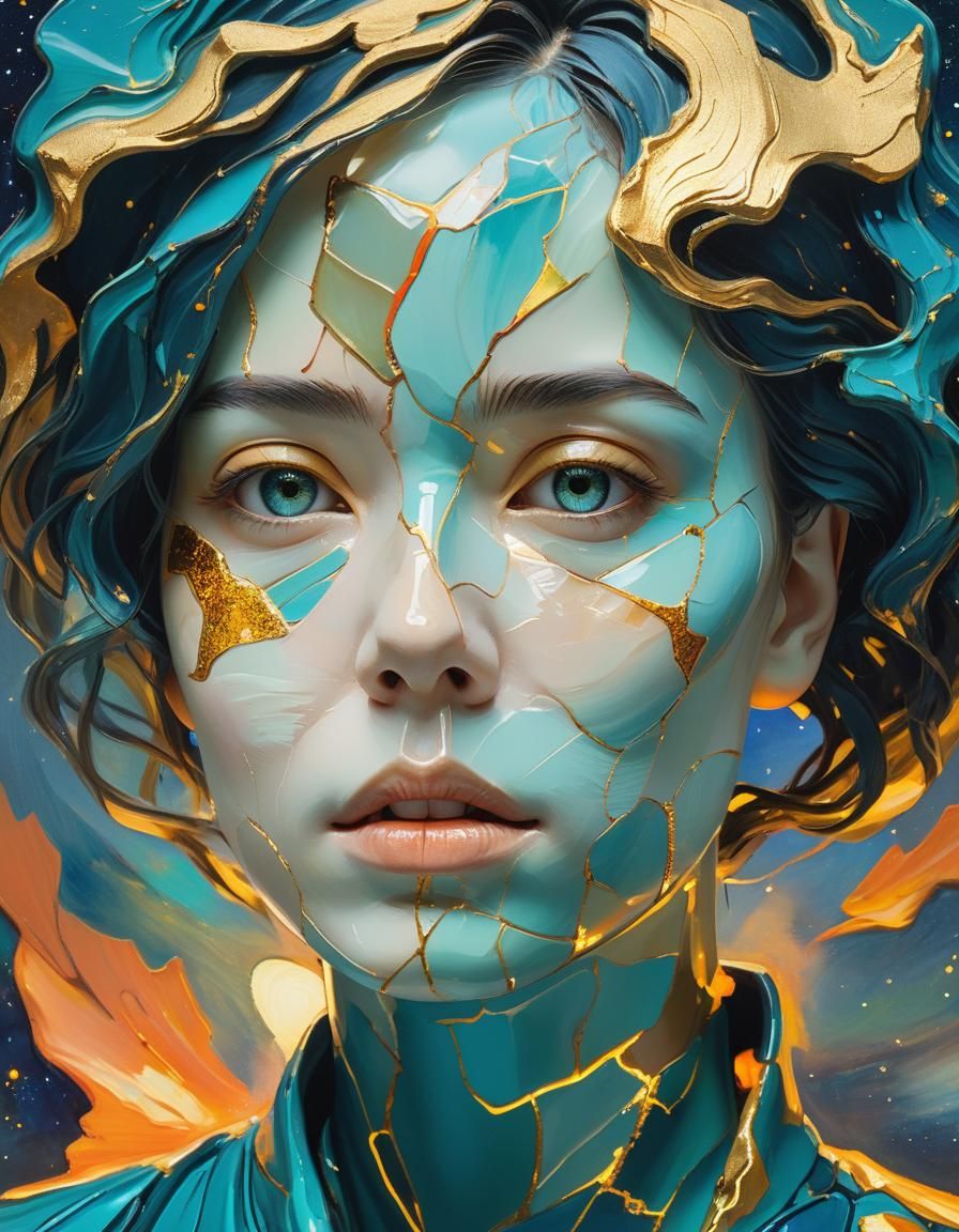 Kintsugi Porcelain Portrait in Impressionist Style