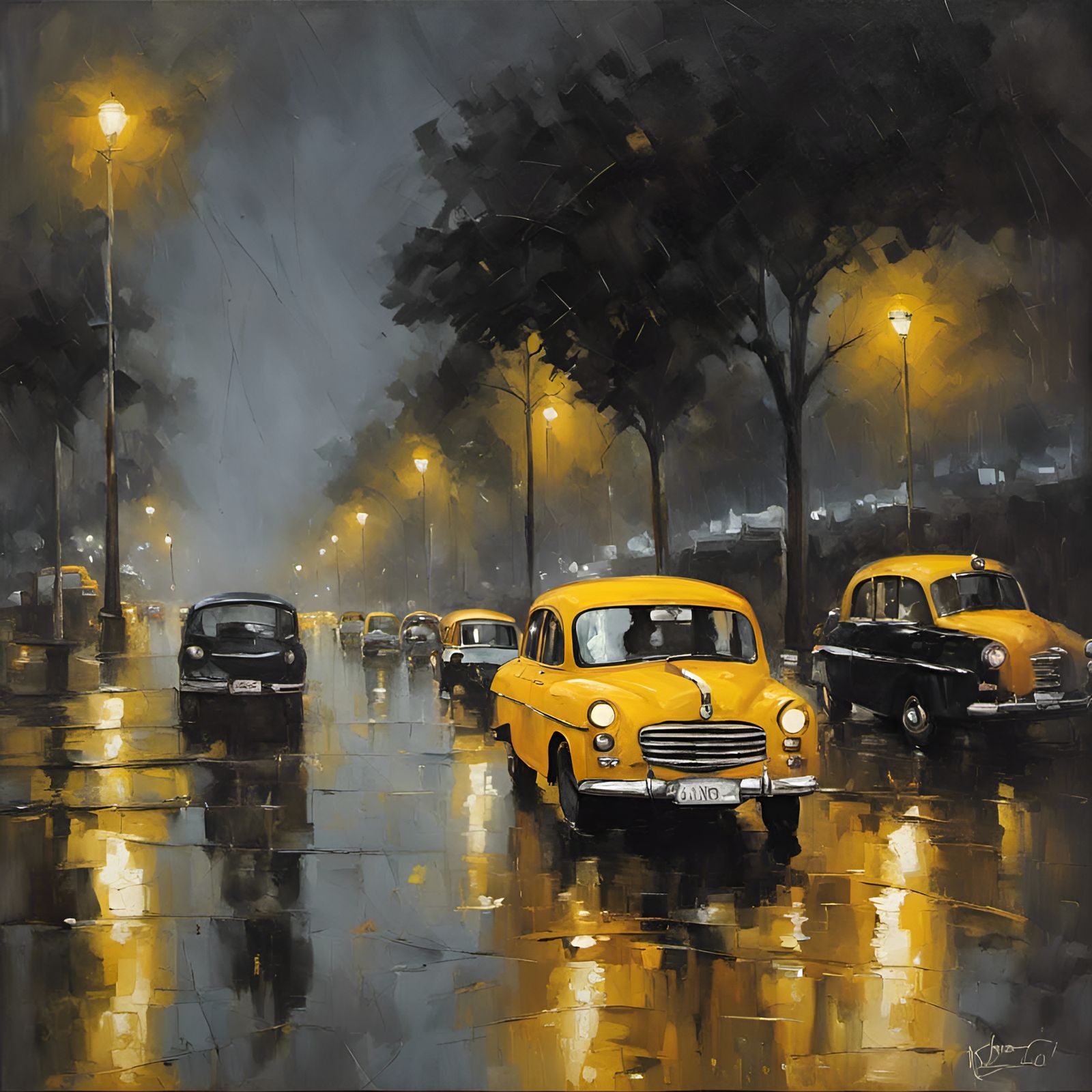 Mumbai Night Streets After Rain: Oil Canvas