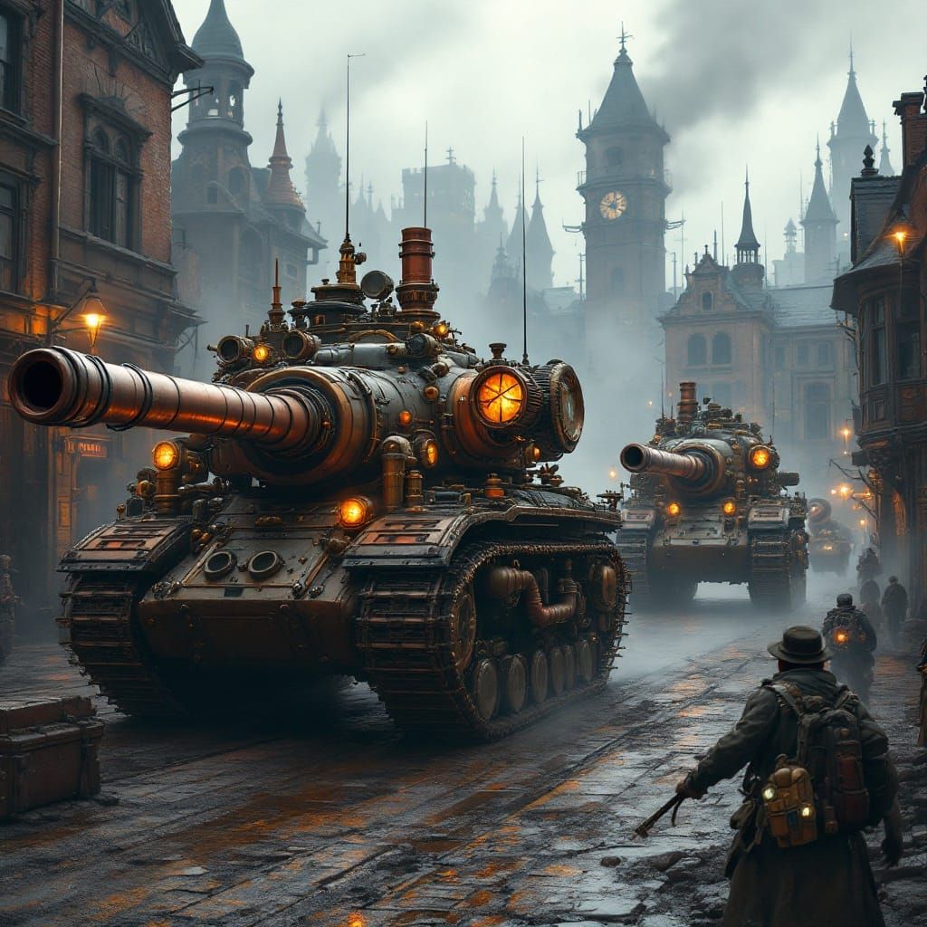 Steampunk Tanks in Fog-Shrouded Victorian Town