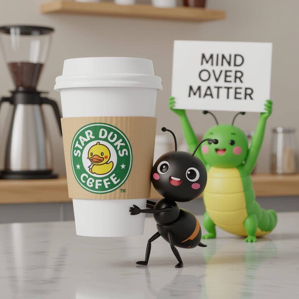 Kawaii Ant Carries Coffee Cup with Star Ducks Logo