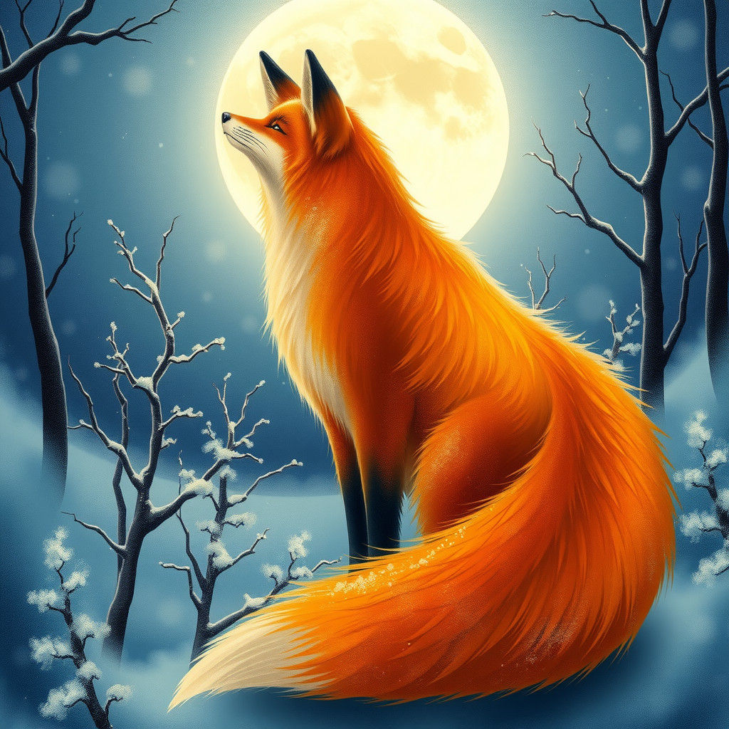 Mystical Nine-Tailed Fox Under Winter Moon
