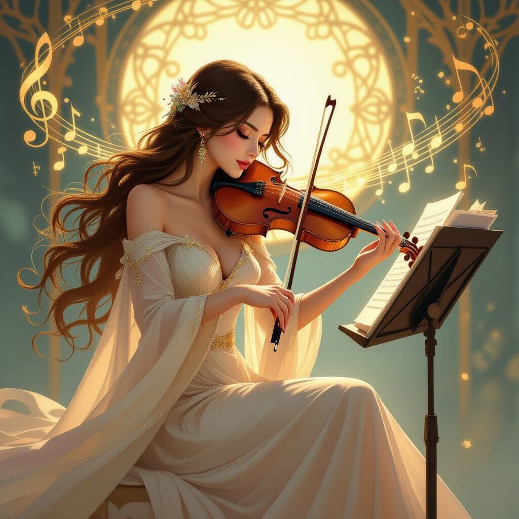 Ethereal Musician Conjures Golden Notes in Fantasy Art