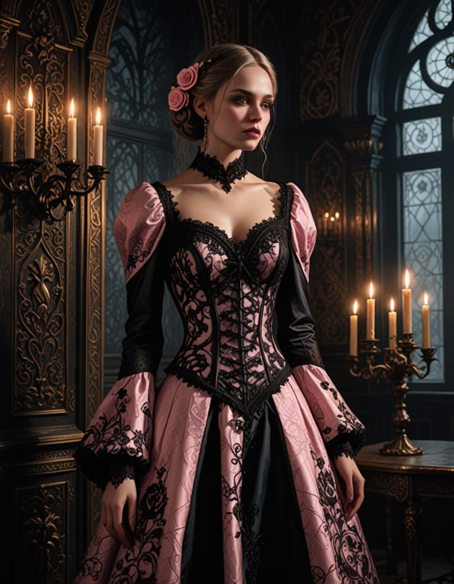 Athletic Russian Woman in Pink Gothic Dress