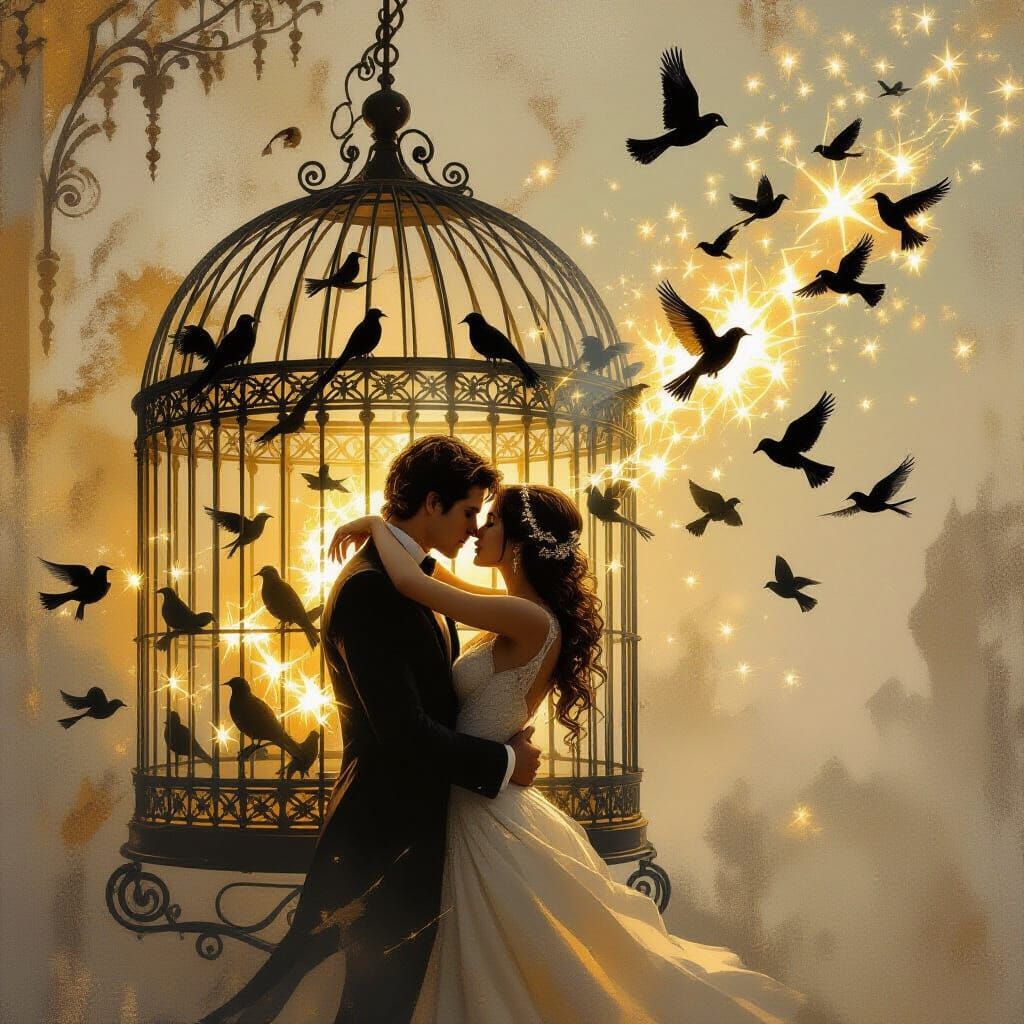 Surrealist Lovers Embrace Near Glowing Birdcage in Golden To...