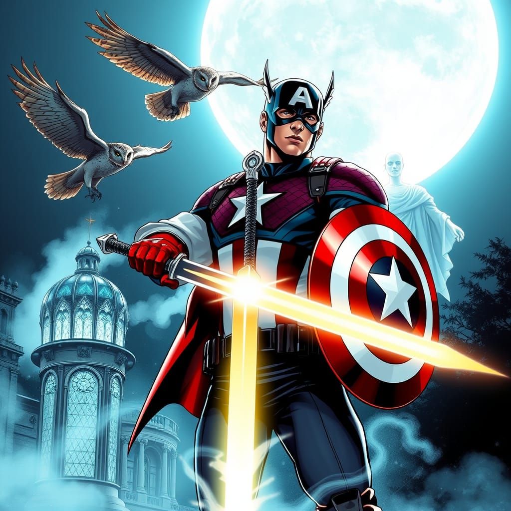 Captain America Wields Excalibur with Horned Owls and Ghostl...