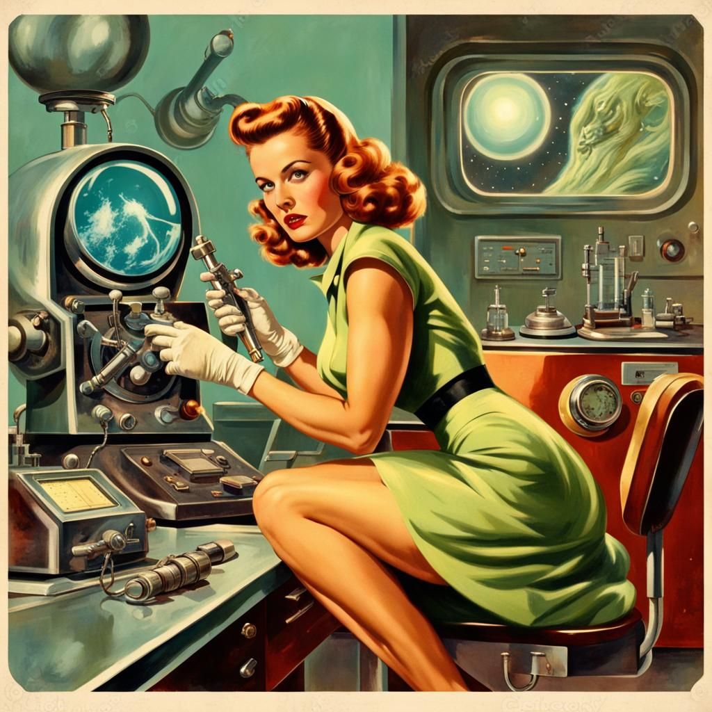 Retro-Futuristic Hero Woman Exploring Alien Planet