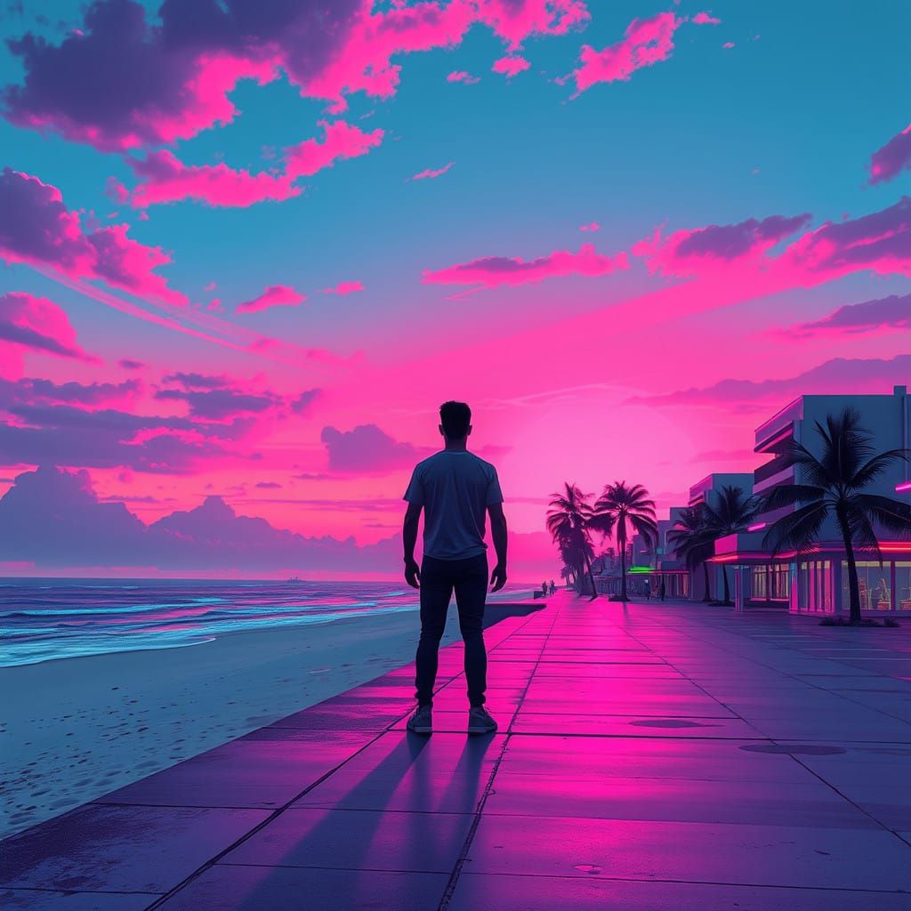 Retro-Futuristic Beachside Scene at Neon Sunset