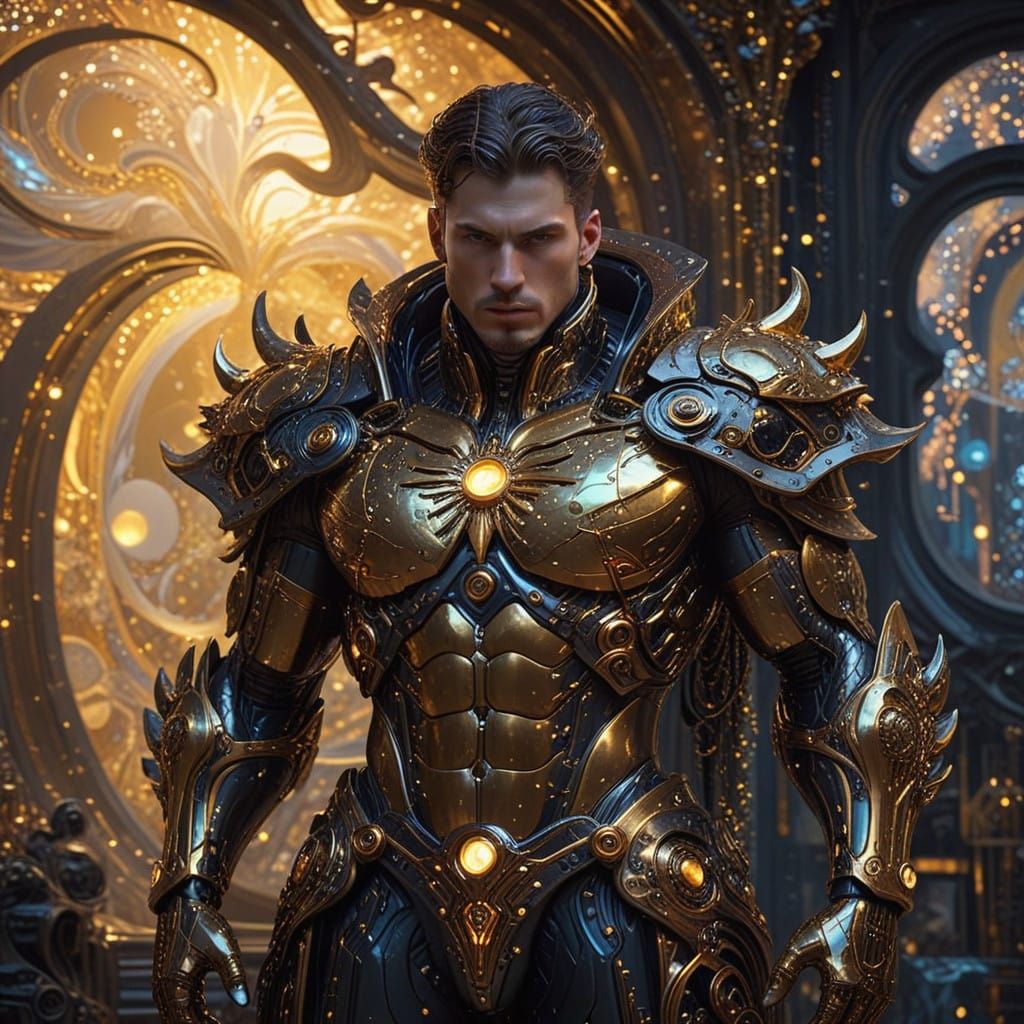Ethereal Cybernetic God in Golden Art Nouveau Splendor