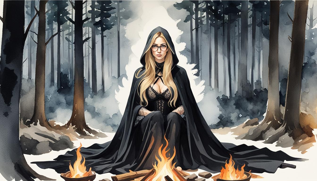 Watercolor: Serene Woman in Moonlit Forest