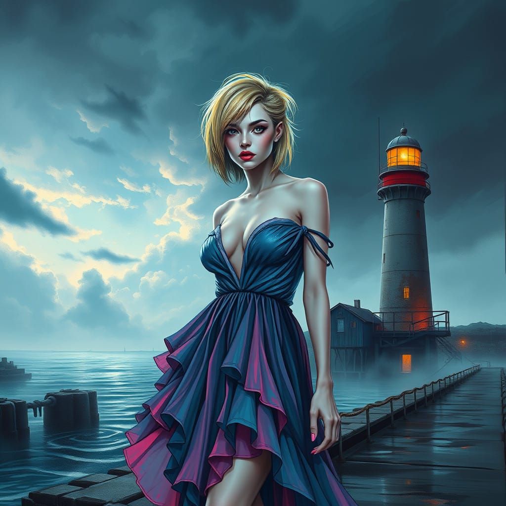 Cyberpunk Woman in Neon-Lit Harbor