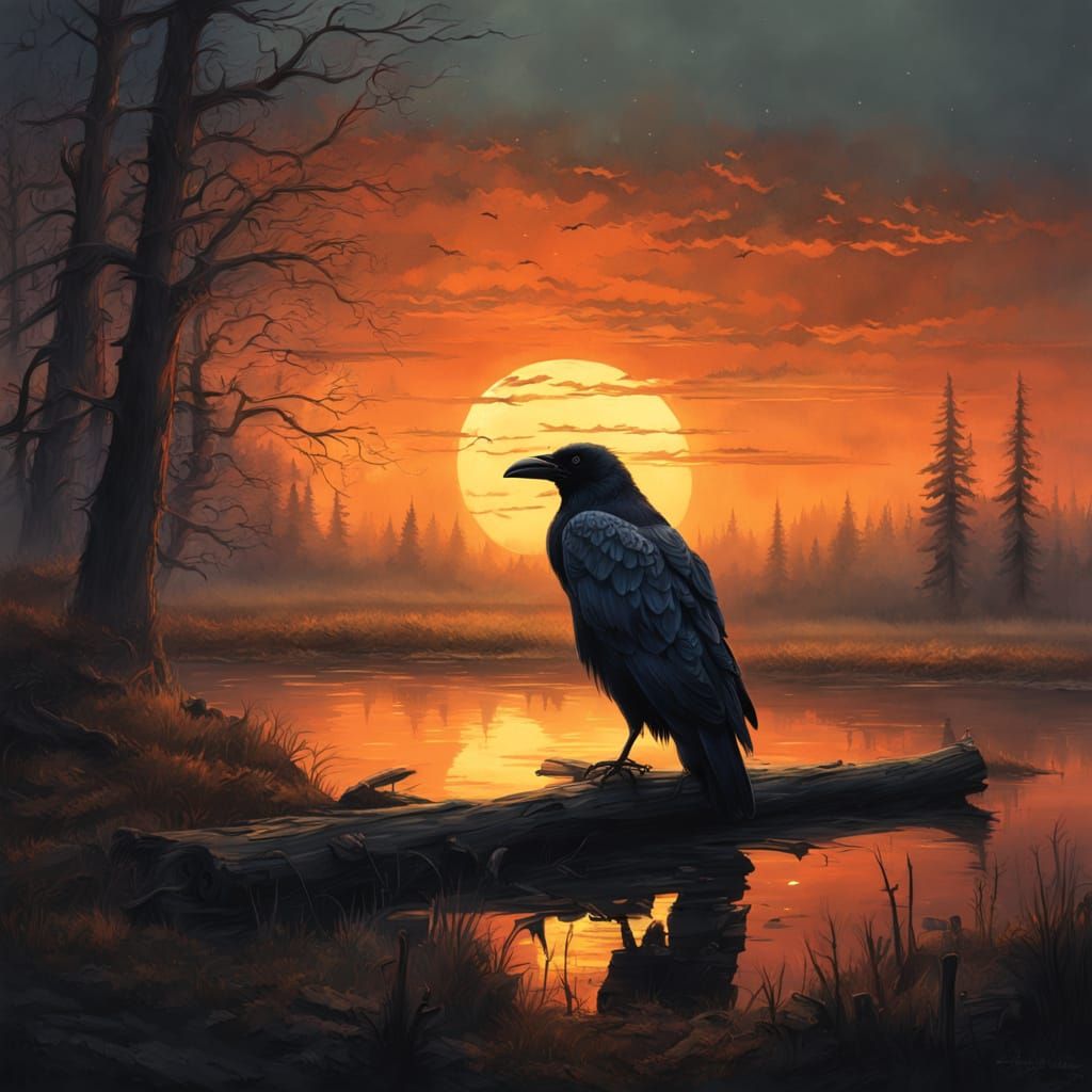 Ethereal Swamp Scene at Sunset in Vibrant Oil Painting Style