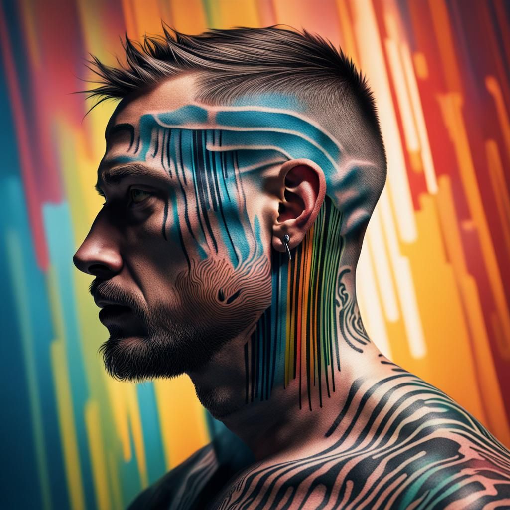 Barcode Tattoo Man: Abstract Hyperrealistic Portrait