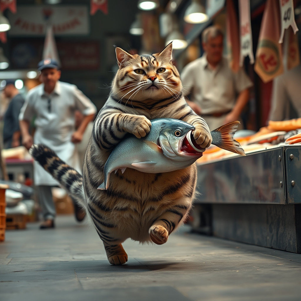 Humorous Obese Cat Escapes Market with Fish