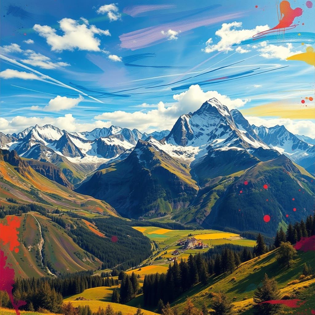 Graffiti Art Alps Landscape in Vivid Polychromatic Hues