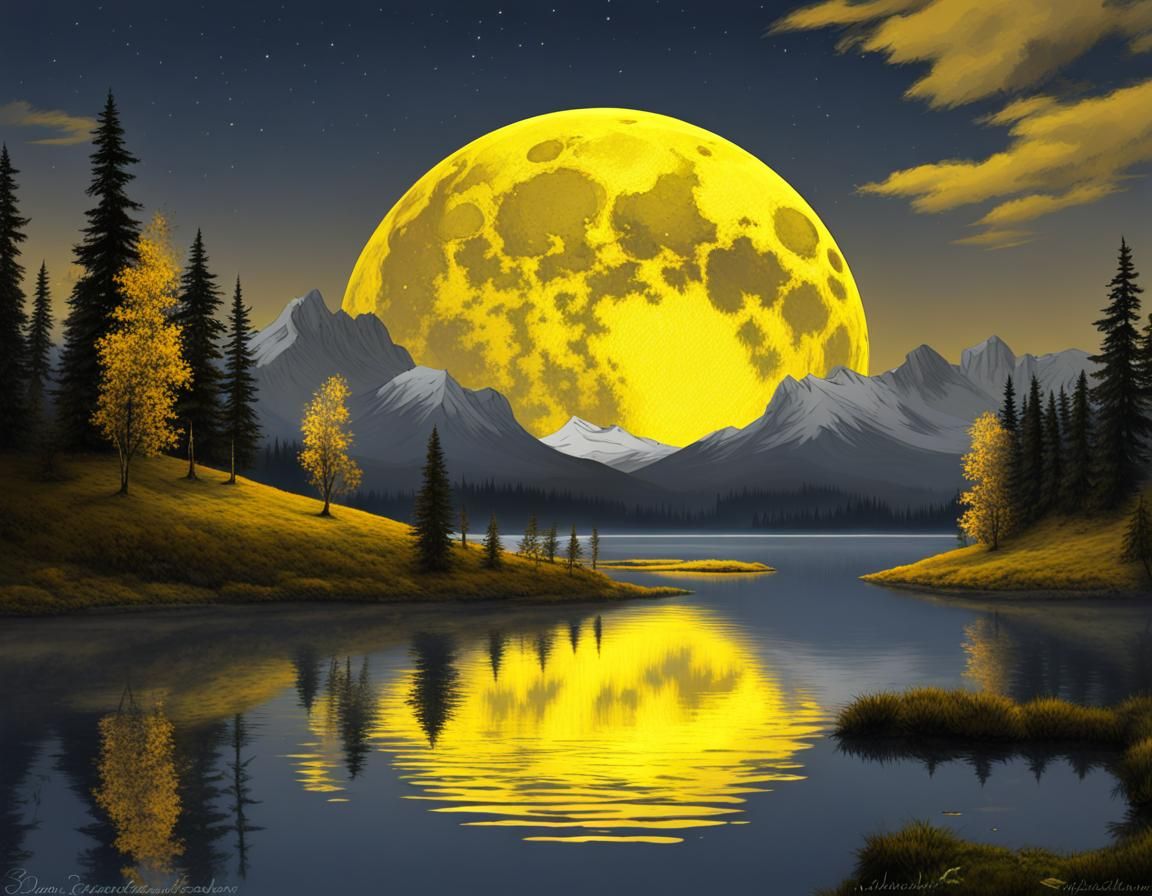 Yellow Moon Over Still Lake Landscape