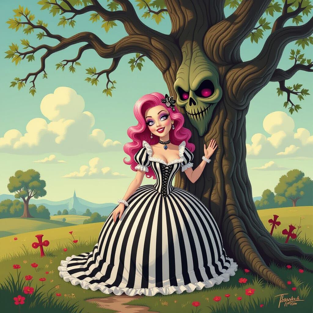 Pink-Haired Woman in Burton-esque Surreal Landscape