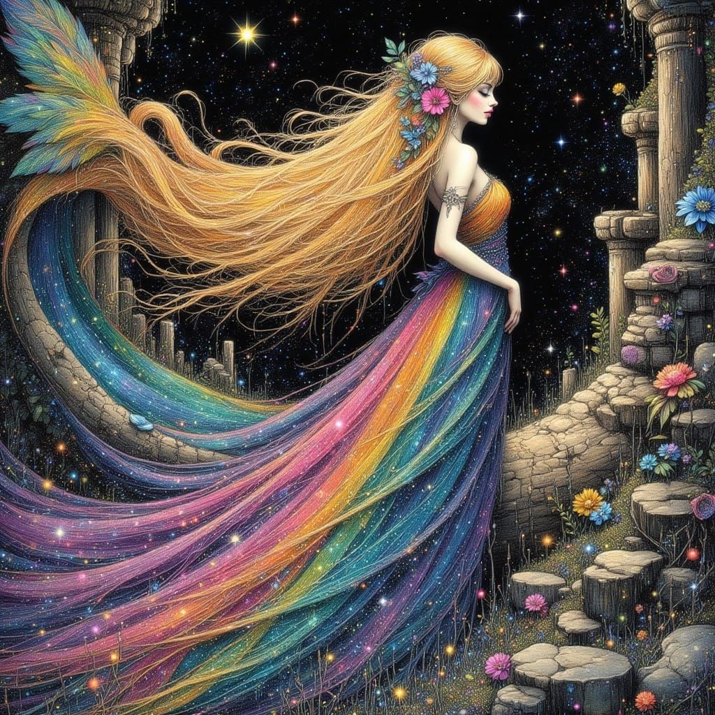 Surreal Steampunk Goddess with Melting Form and Twinkling Bi...