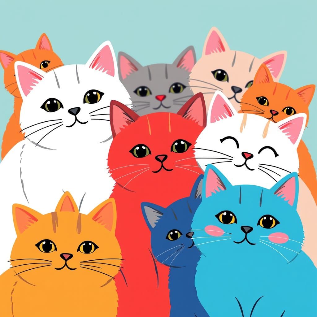 Cute Cats in Kawaii Art Style with Bold Colors