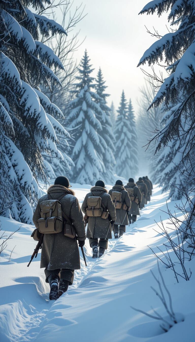 WW2 Soldiers Advance Through Snowy Forest Landscape