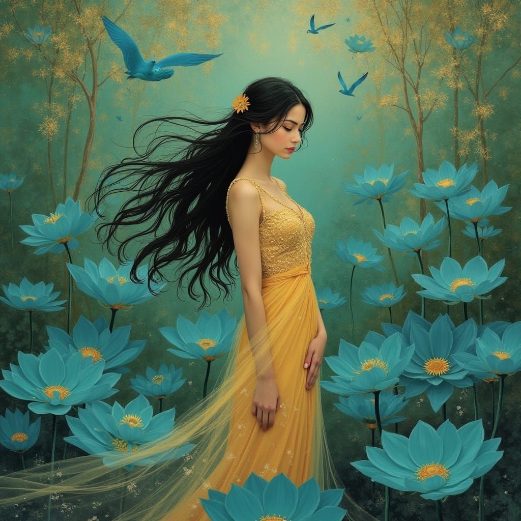 Ethereal Goddess in Jade and Saffron Art Nouveau Style