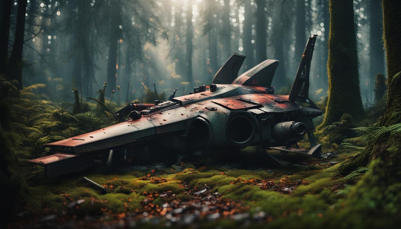 Wrecked Plane in Forest, Cyberpunk Scene