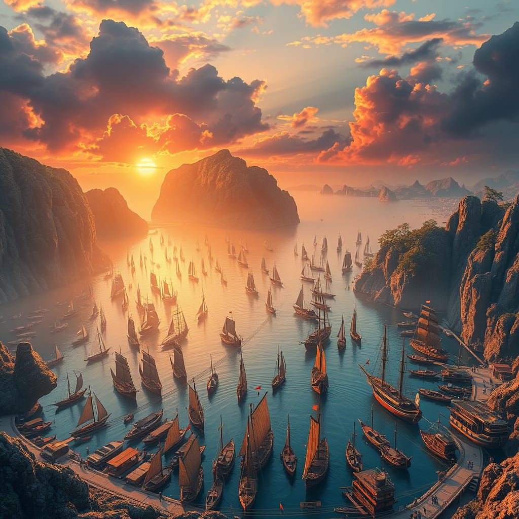 Fantasy Harbor Sunset: Drone View Digital Painting